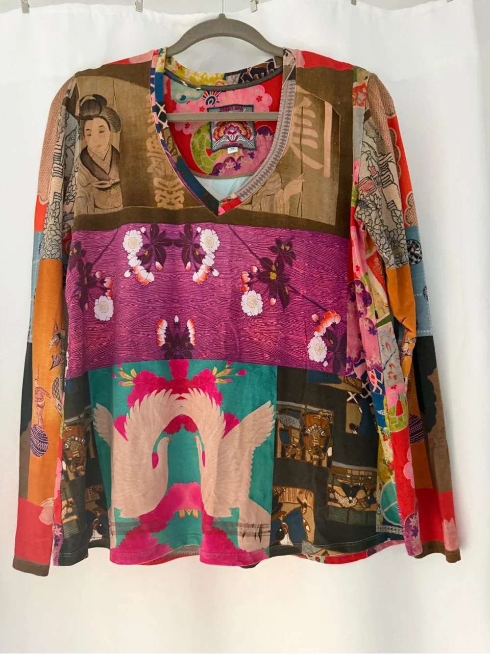 Johnny Was Crane & Floral Patchwork V-Neck Long Sleeve Top READ FOR SIZING